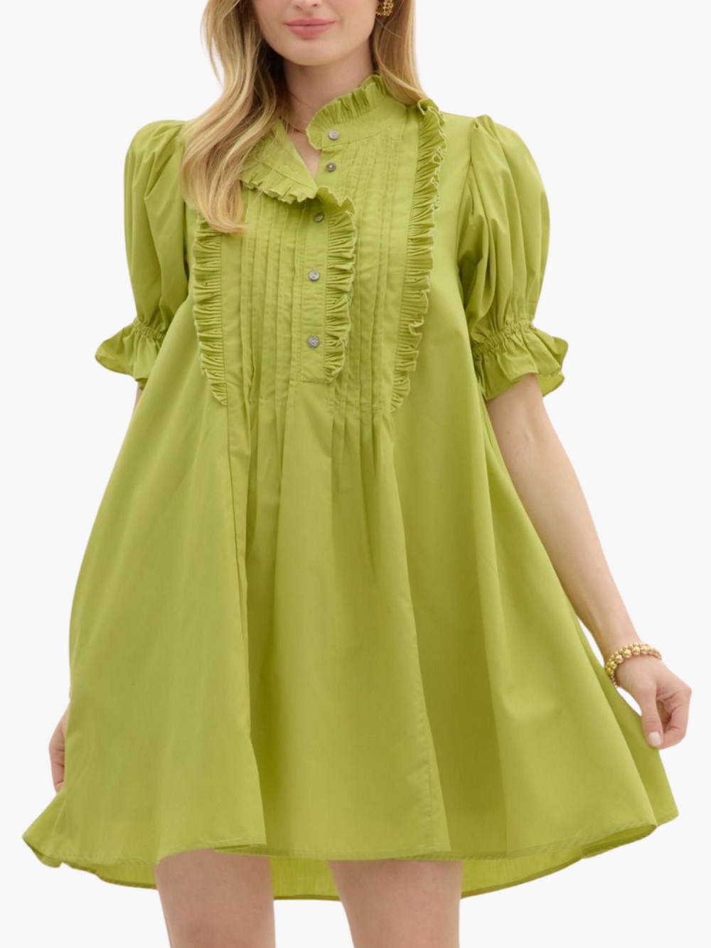 Green Ruffle-Trim Puff Sleeve Dress Poppy and Pink